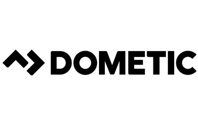 Dometic logo: Black text with a stylized arrow symbol.