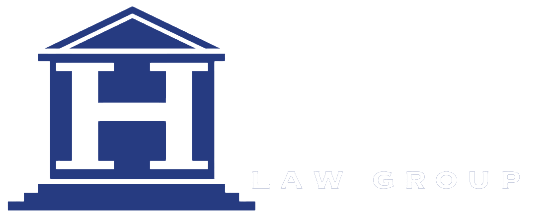 A blue and white logo for a law firm with the letter h on it.