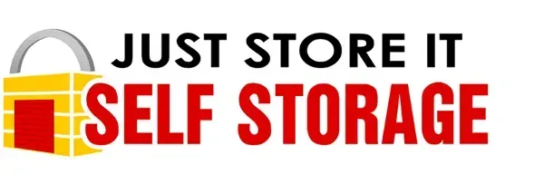 Logo for Just Store It Self Storage, with a yellow padlock and red storage unit.