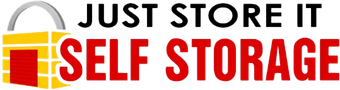 Just Store It Self Storage logo with red text and a yellow padlock icon
