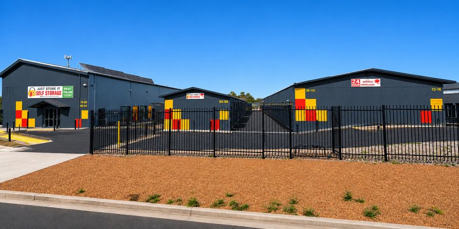 Black industrial buildings behind a black metal fence and red gravel in a clear blue sky