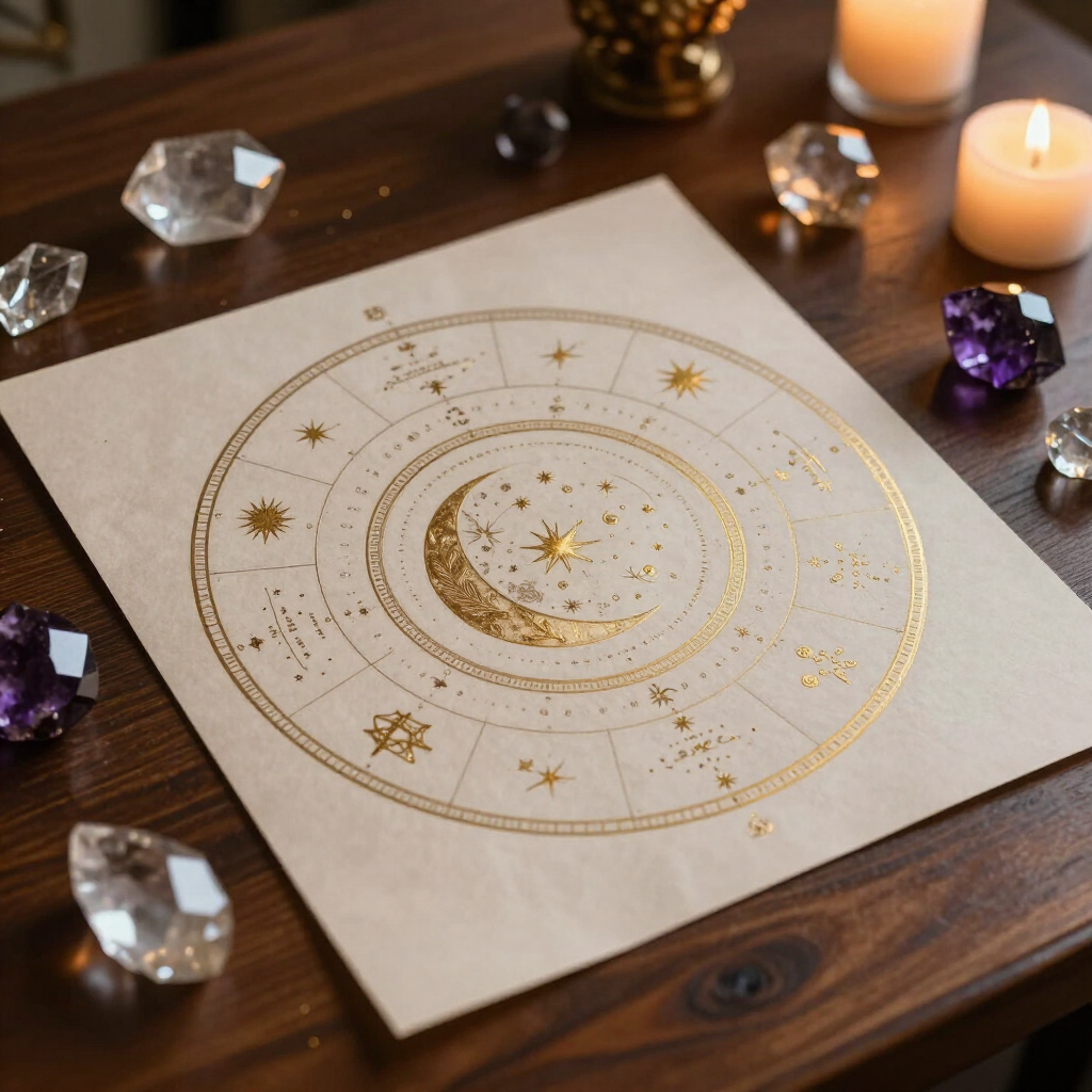 Carta celeste dorada sobre papel, rodeada de cristales y velas encendidas sobre una mesa de madera.