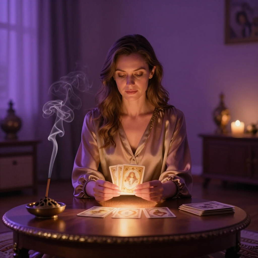 Mujer leyendo cartas del tarot en una mesa iluminada con velas en una habitación iluminada con luz púrpura.