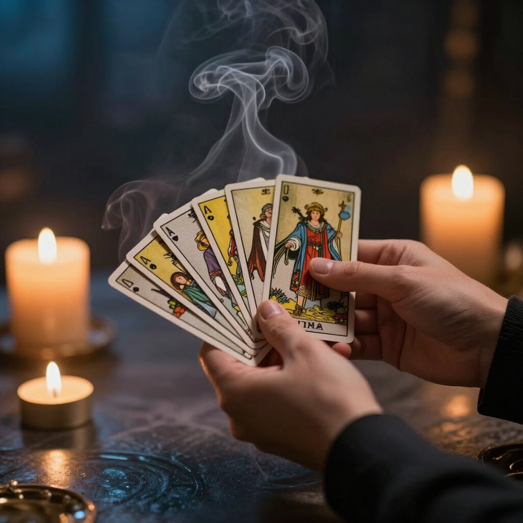 Manos sosteniendo una baraja de tarot desplegada junto a la luz de las velas y el humo ascendente del incienso sobre una mesa oscura.