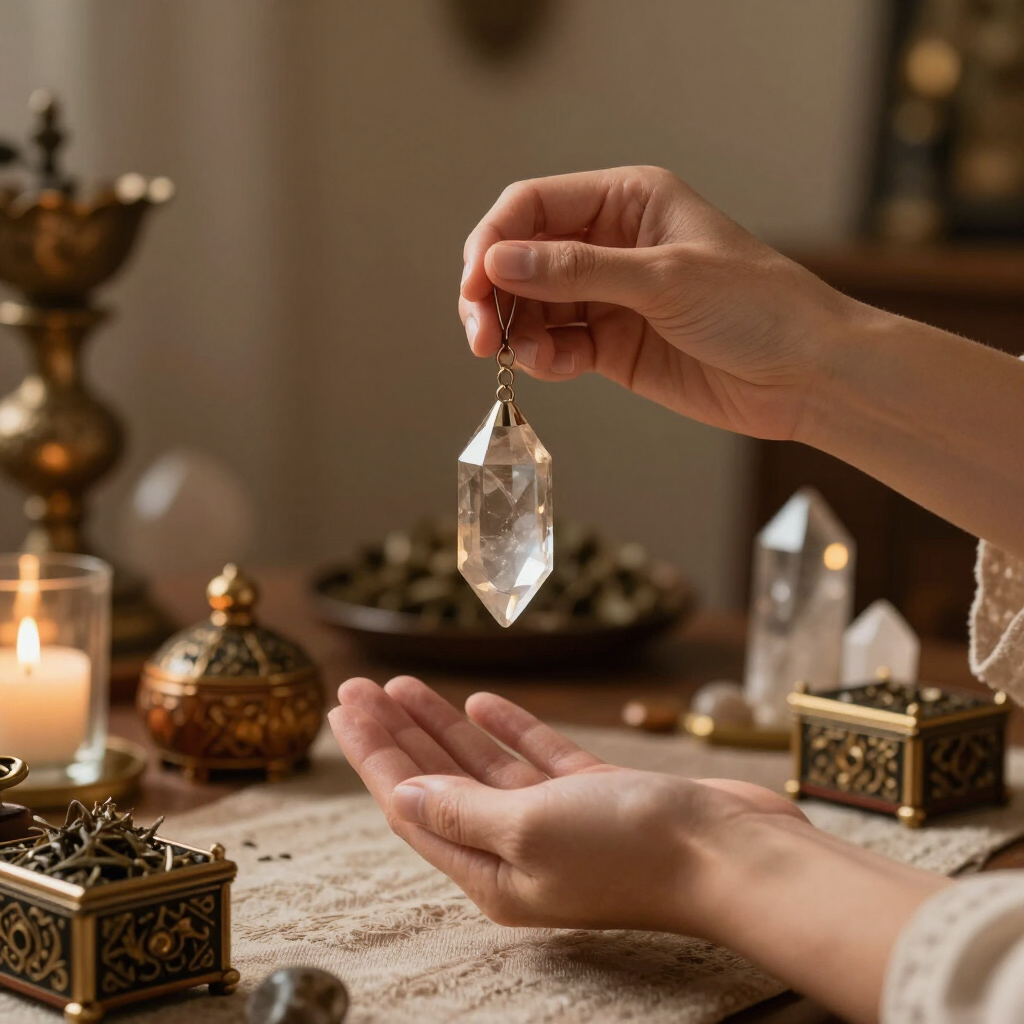 Unas manos sostienen un cristal colgante sobre la palma extendida, junto a velas y una decoración ornamentada.