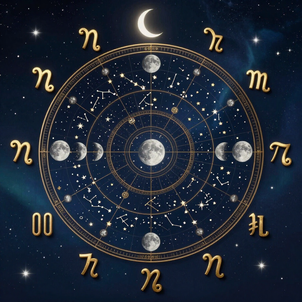 Rueda astrológica con fases lunares y símbolos del zodíaco sobre un fondo oscuro estrellado.