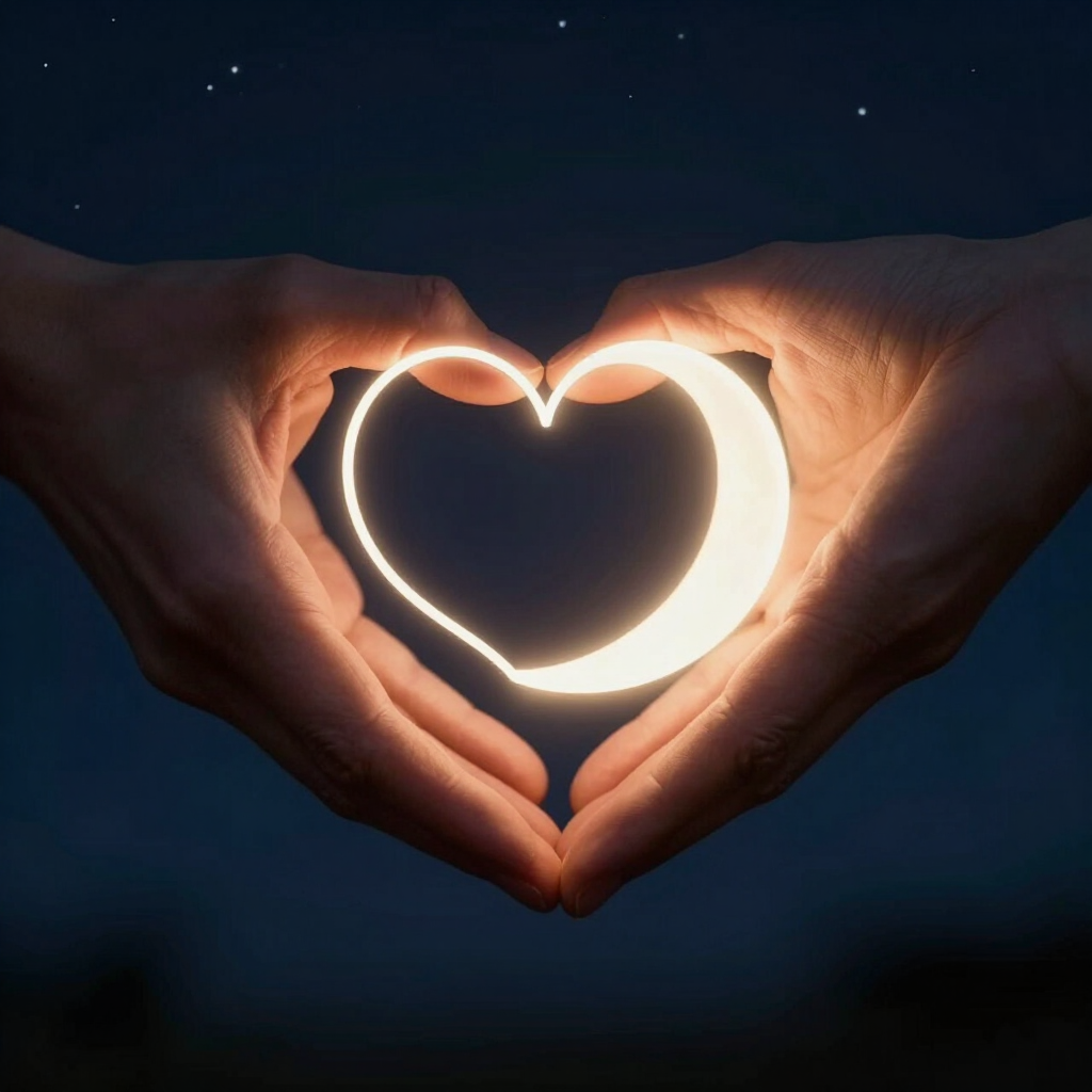 Manos formando un corazón brillante sobre un fondo oscuro con estrellas.