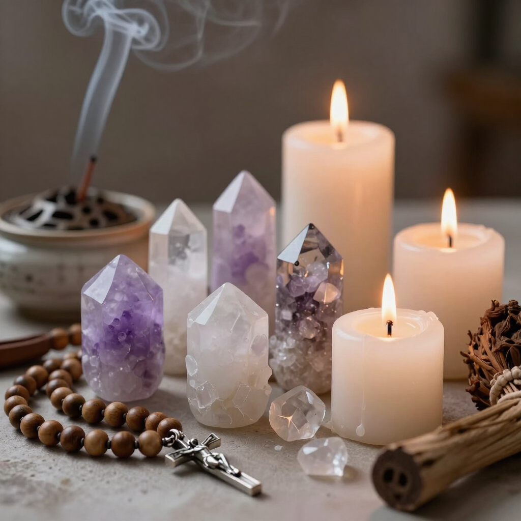 Velas, cristales, rosarios e incienso crean una escena de altar espiritual y serena.