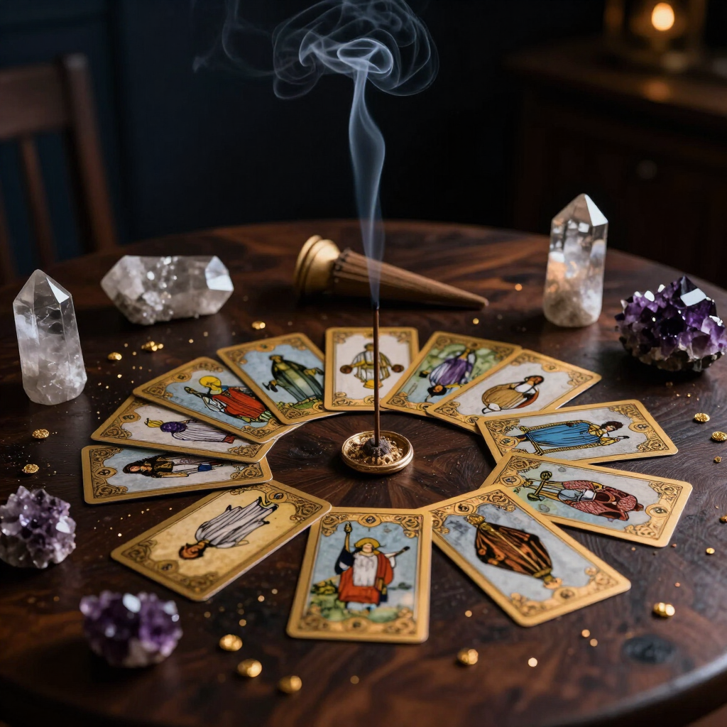 Cartas del tarot dispuestas en círculo alrededor de un incensario humeante sobre una mesa de madera con cristales y velas.