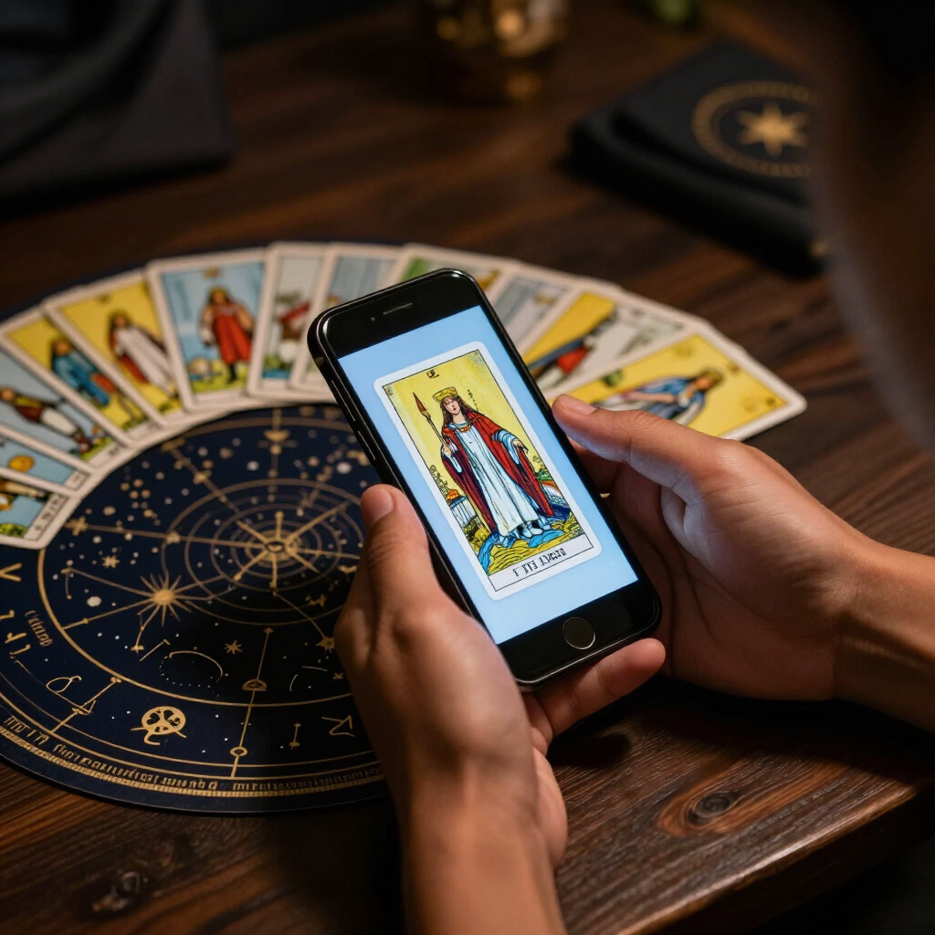 Manos sosteniendo un teléfono inteligente que muestra una carta del tarot junto a una baraja de cartas del tarot sobre una mesa de madera.