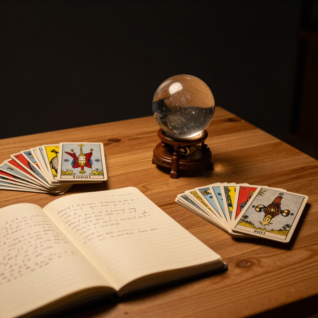 Un libro abierto junto a unas cartas del tarot y una bola de cristal sobre una mesa de madera.