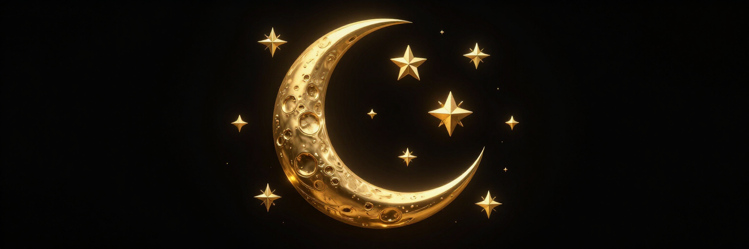 Luna creciente dorada y estrellas brillantes sobre un fondo negro