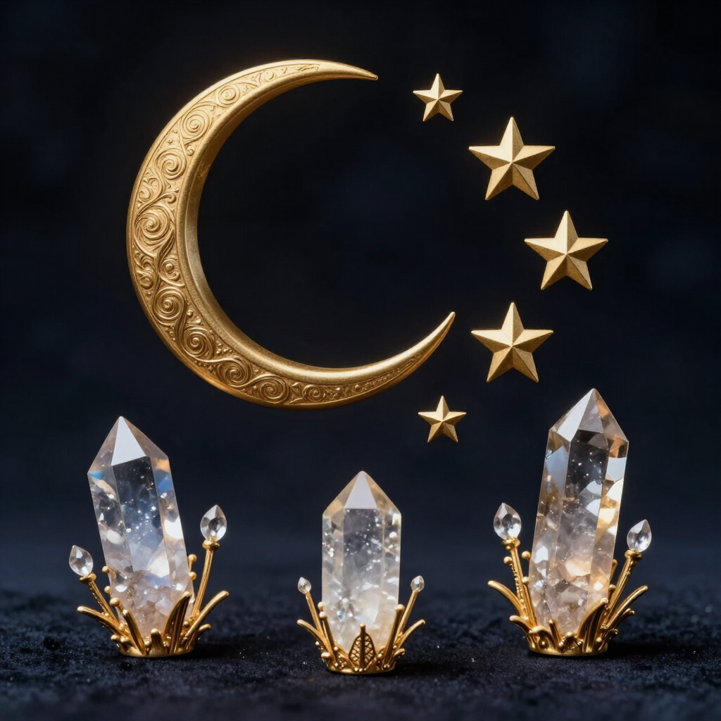 Luna creciente dorada y estrellas sobre tres cristales transparentes sobre un fondo oscuro.