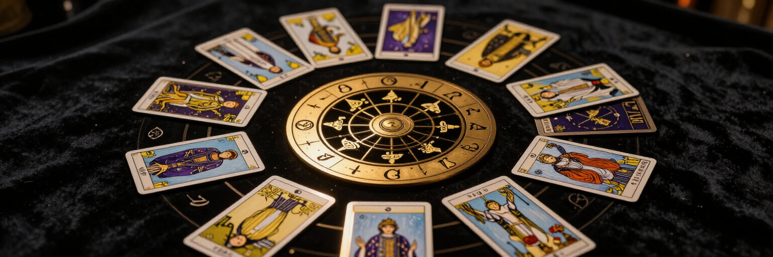 Cartas del tarot dispuestas en círculo alrededor de un tablero de estilo ocultista negro y dorado sobre una mesa oscura.