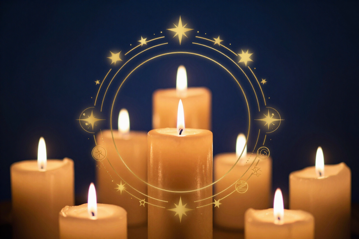 Cinco velas encendidas con una brillante explosión de estrellas doradas sobre un fondo oscuro.
