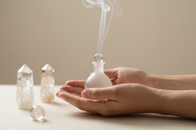 Manos sosteniendo un difusor de incienso blanco encendido, con humo elevándose junto a cristales transparentes sobre una mesa.