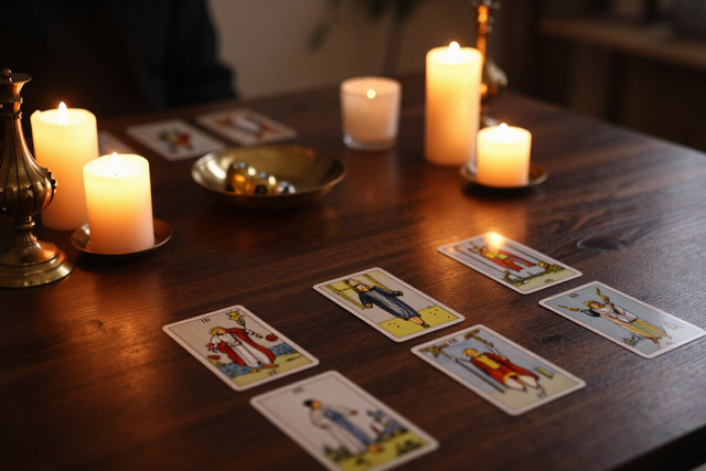 Velas encendidas junto a cartas del tarot extendidas sobre una mesa de madera oscura en una habitación con poca luz.