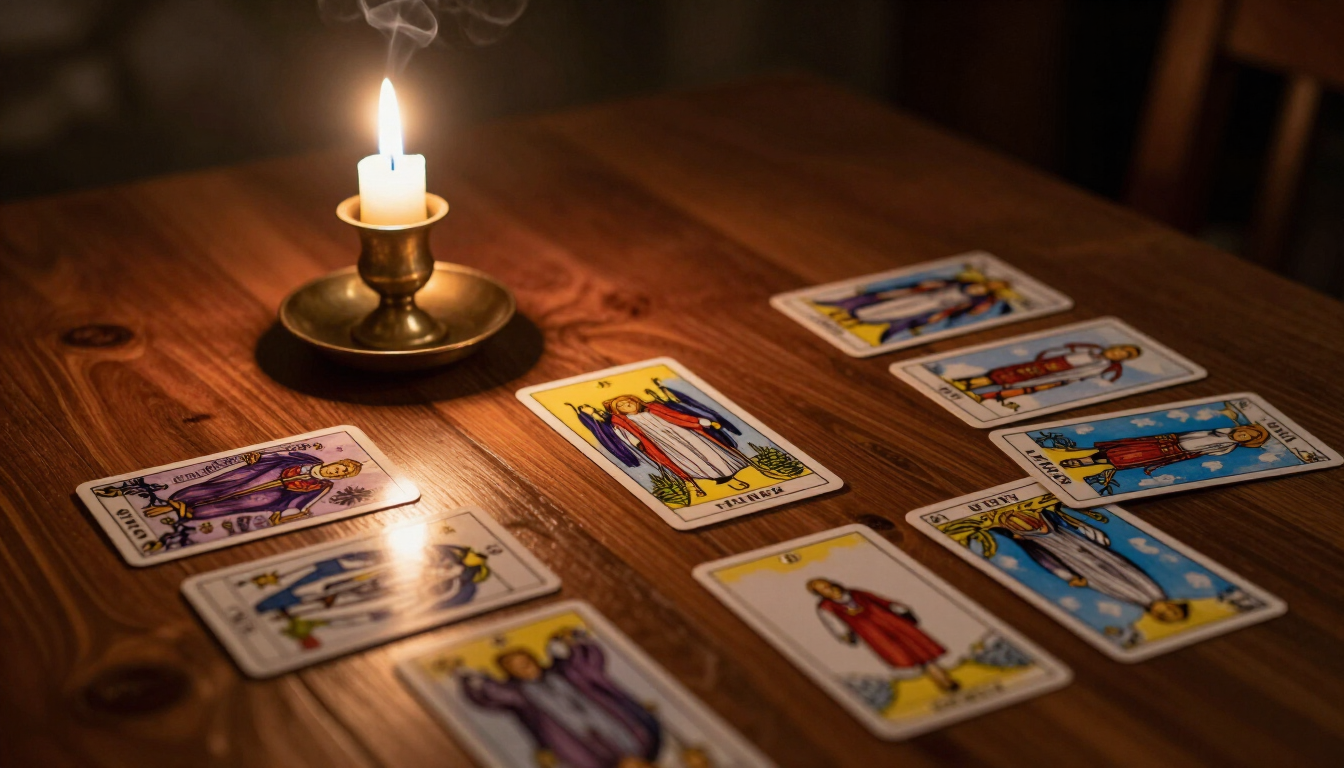 Cartas del tarot extendidas sobre una mesa de madera junto a una vela encendida, creando una escena cálida y tenuemente iluminada.