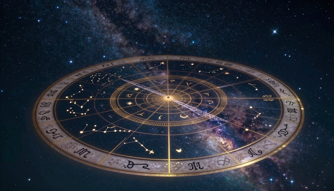 Rueda zodiacal resplandeciente sobre un fondo de galaxia estrellada con constelaciones y símbolos celestes.