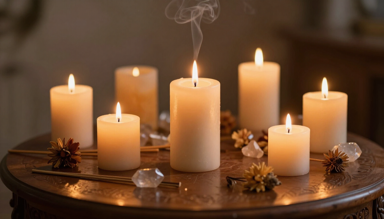 Velas encendidas dispuestas sobre una mesa de madera con piñas y una decoración cálida y acogedora.