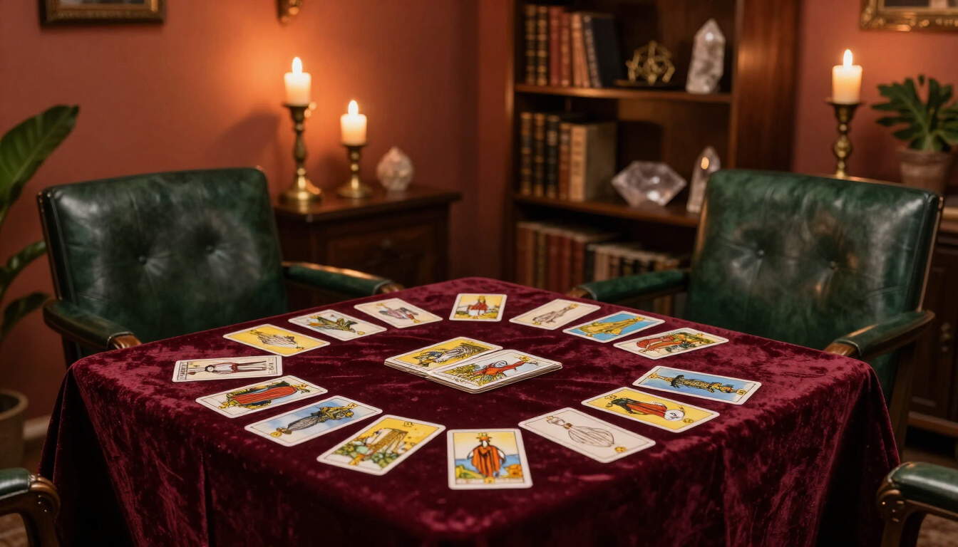 Cartas del tarot extendidas sobre un mantel color burdeos en una habitación iluminada con velas, con sillas verdes y estanterías.