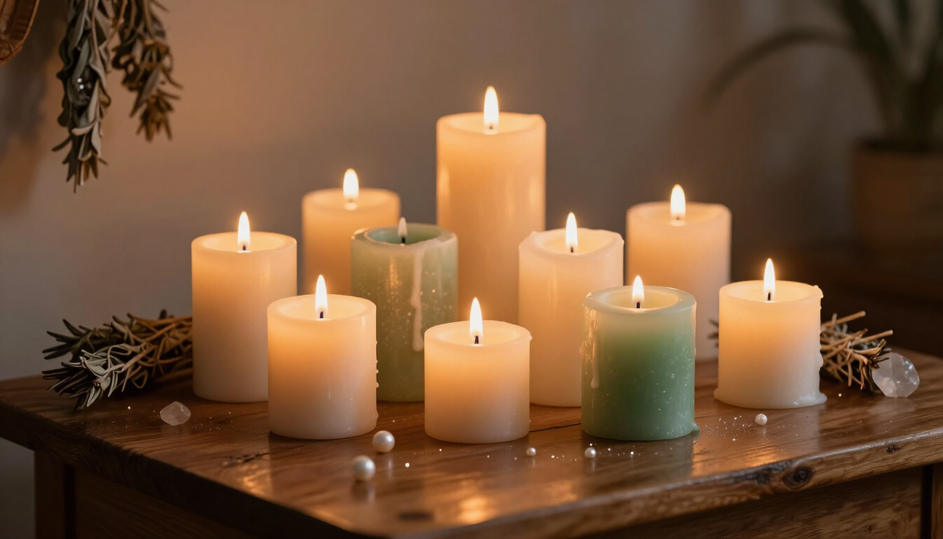 Velas encendidas de distintas alturas sobre una mesa de madera con ramitas de pino y adornos esparcidos que parecían perlas.