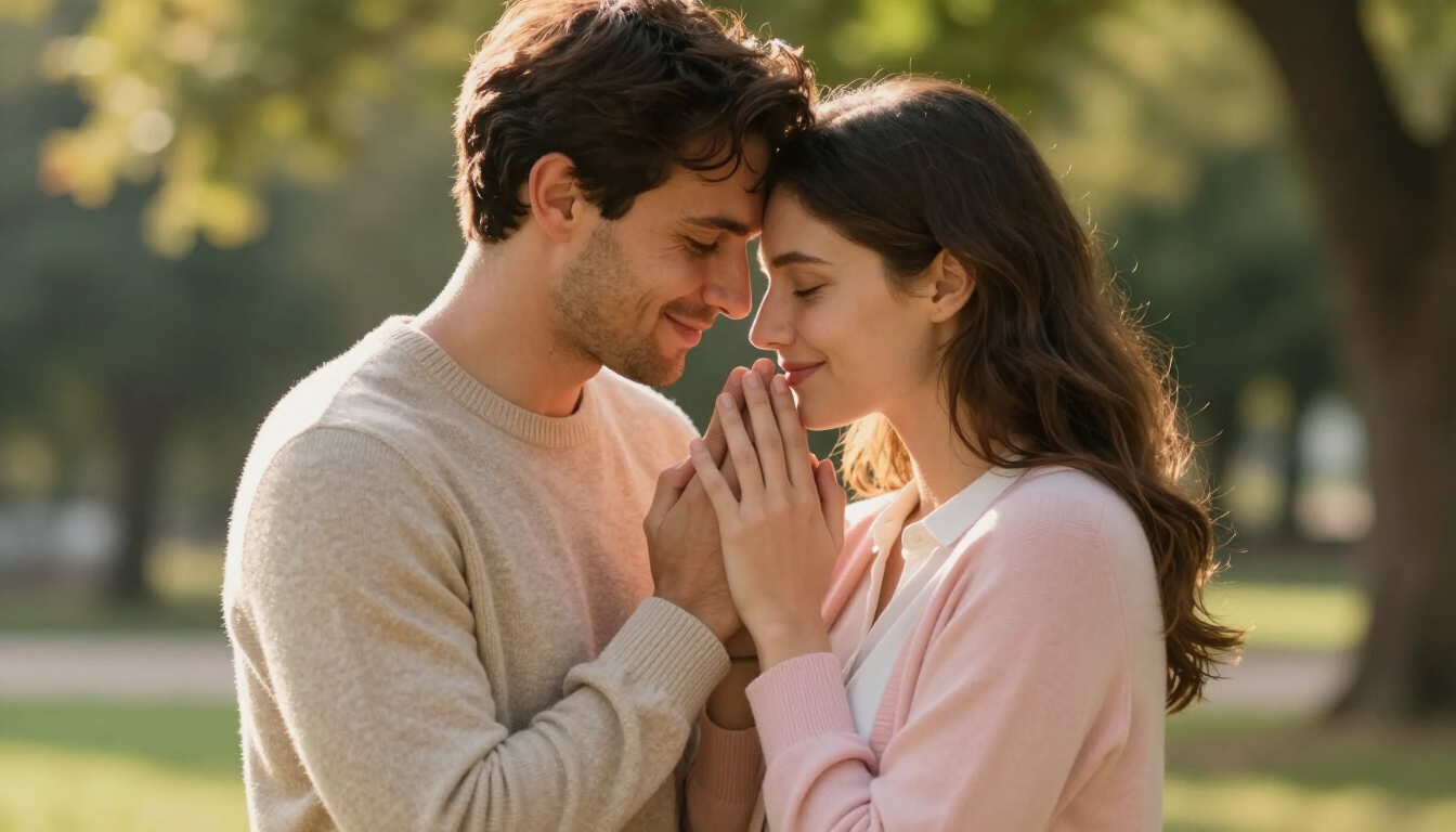 Dos personas de pie al aire libre, muy cerca unas de otras, con las manos entrelazadas, sonriendo suavemente bajo la cálida luz del sol.