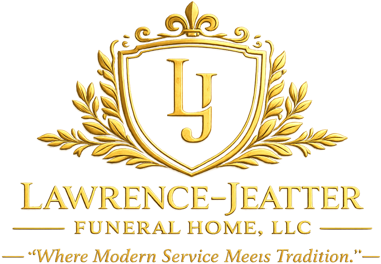 Gold Lawrence-Jeatter Funeral Home, LLC logo with shield monogram and laurel branches