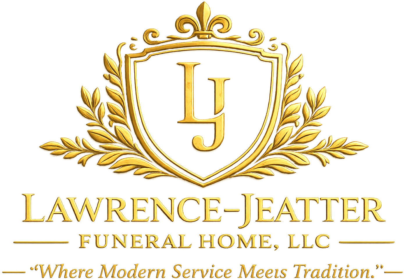 Gold Lawrence-Jeatter Funeral Home, LLC logo with shield monogram and laurel branches