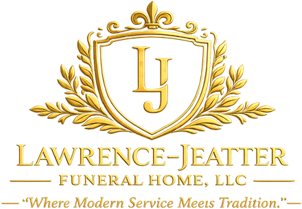 Gold Lawrence-Jeatter Funeral Home, LLC logo with shield monogram and laurel branches