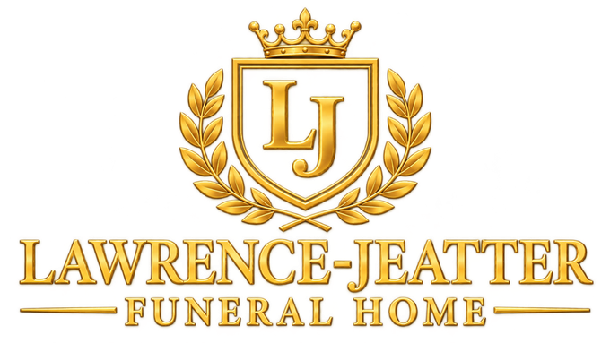 Gold shield logo with laurel branches and LJ monogram for Lawrence-Jeatter Funeral Home, LLC, with tagline below