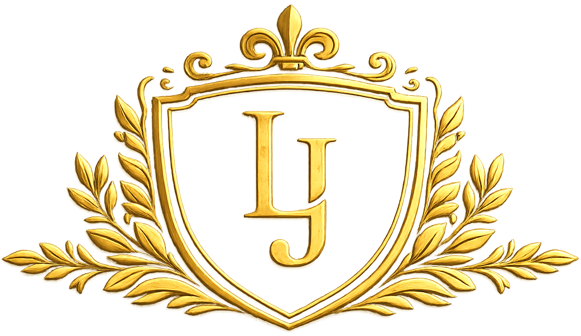 Gold LJ monogram shield crest with laurel wreath on white background