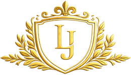 Gold LJ monogram shield crest with laurel wreath on white background