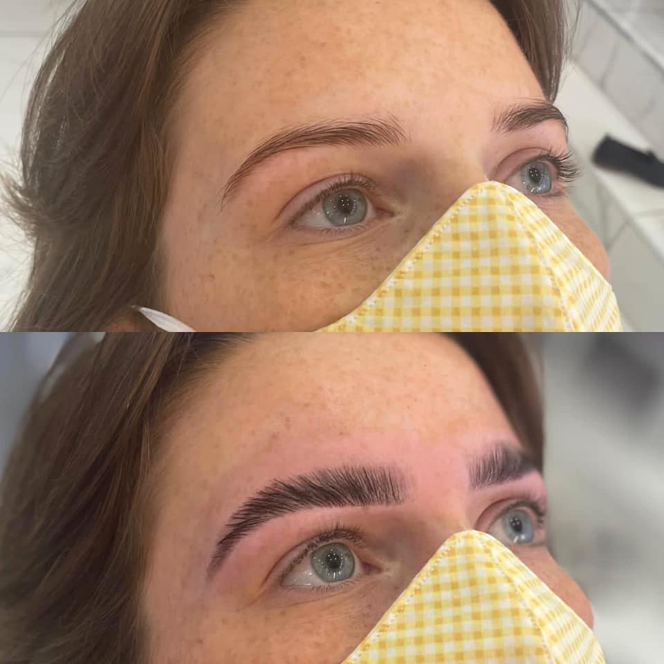 Before and after of eyebrow lamination on a woman. Top, sparse brows; bottom, full and dark brows. Wearing a yellow mask.