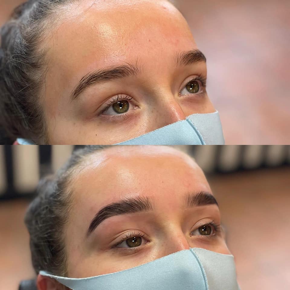 Before and after of woman's eyebrows. Top: unstyled. Bottom: styled and filled in, with blue face mask.