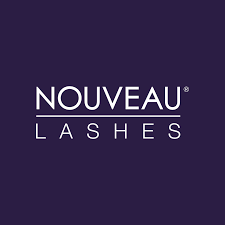 Nouveau Lashes logo with white text on a purple background. The brand name is displayed.