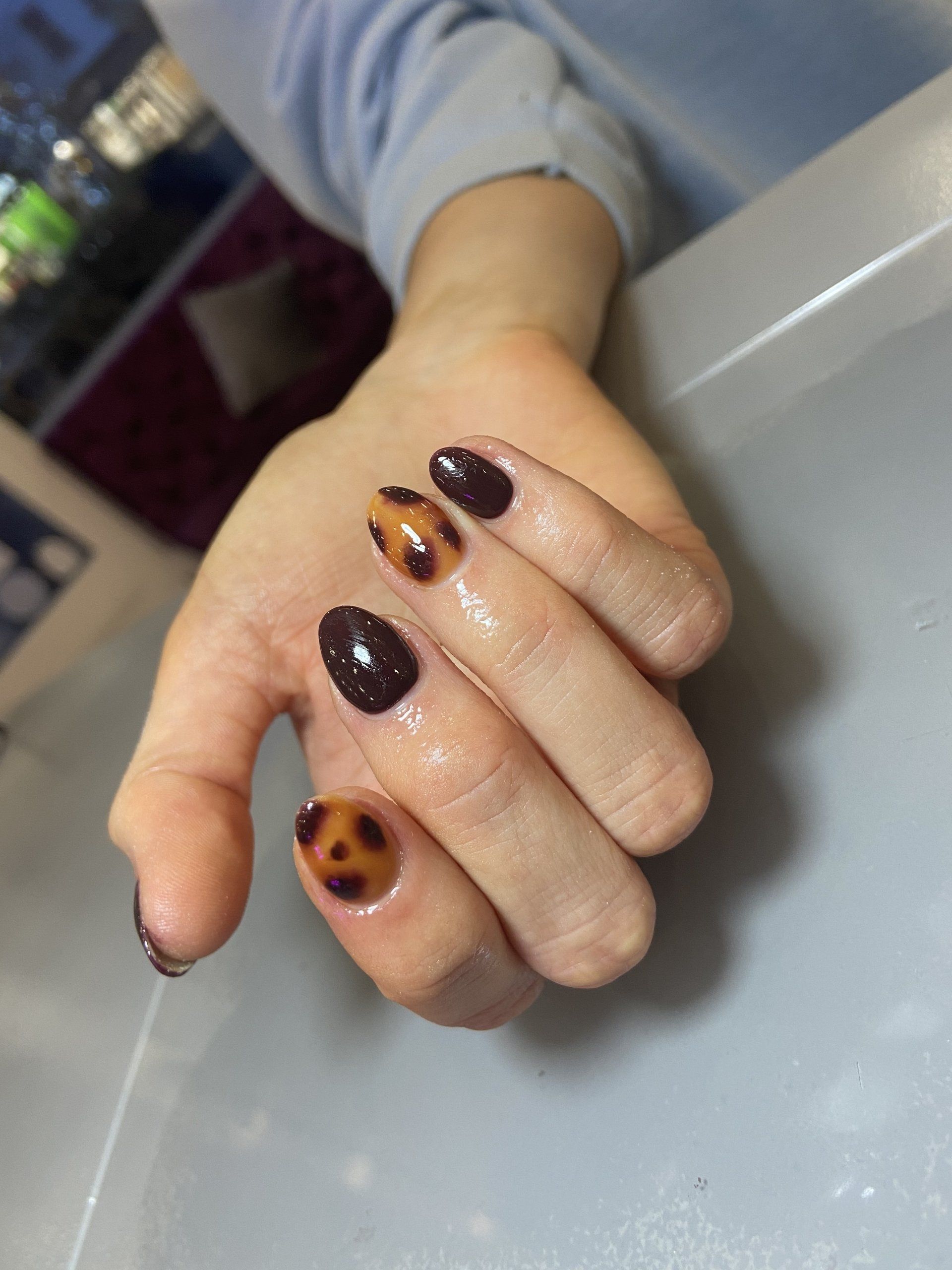 Hand with oval-shaped nails; some dark brown, others with tortoise shell pattern.