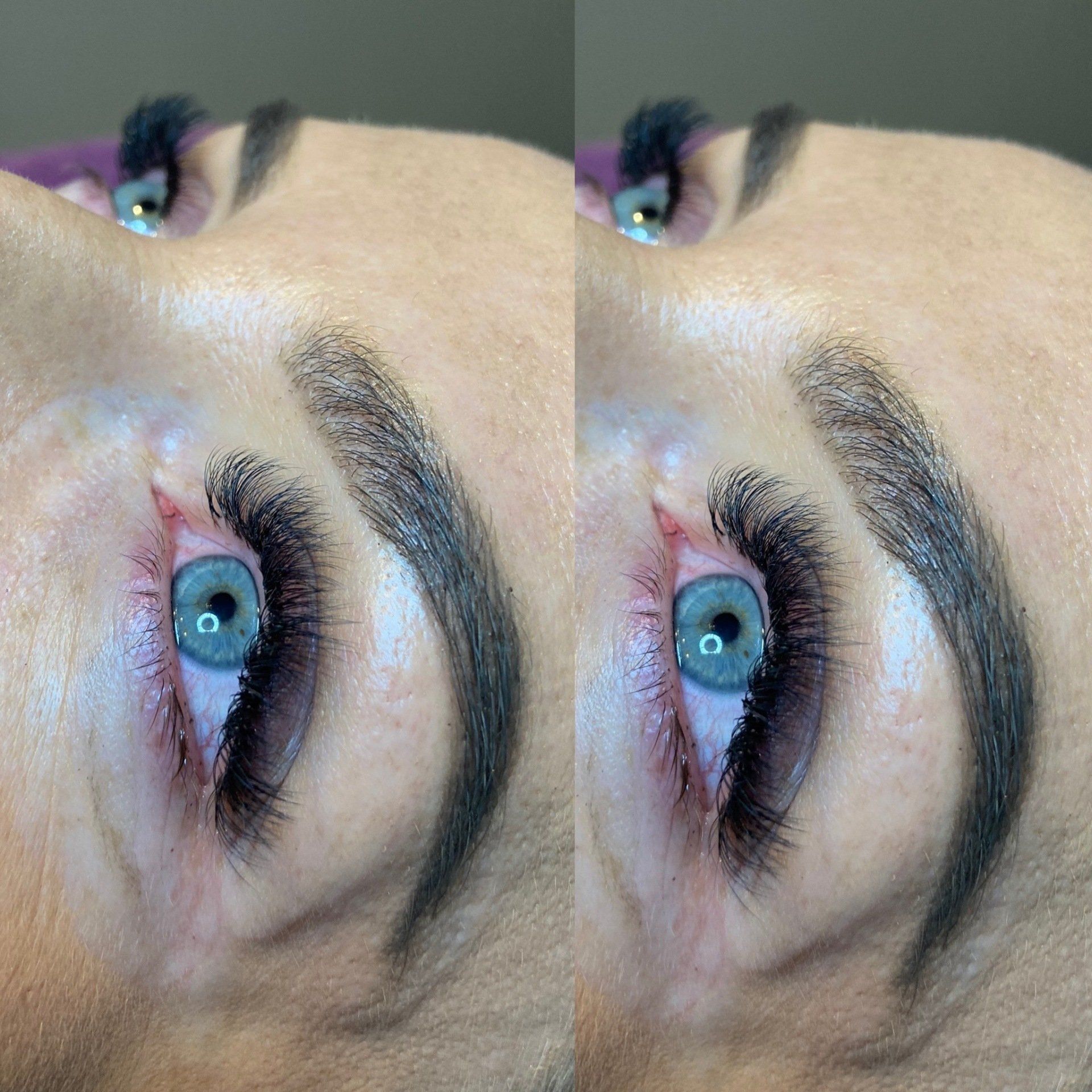 Two close-up views of a person's eye with blue iris, long black lashes, and filled eyebrows.