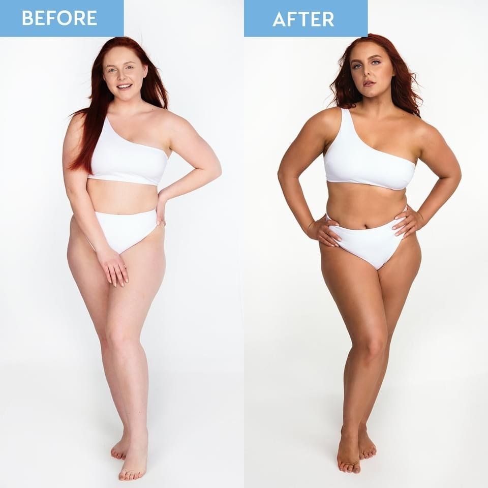 Side-by-side photos: fair-skinned woman transforms to tan skin, wearing a white bikini.