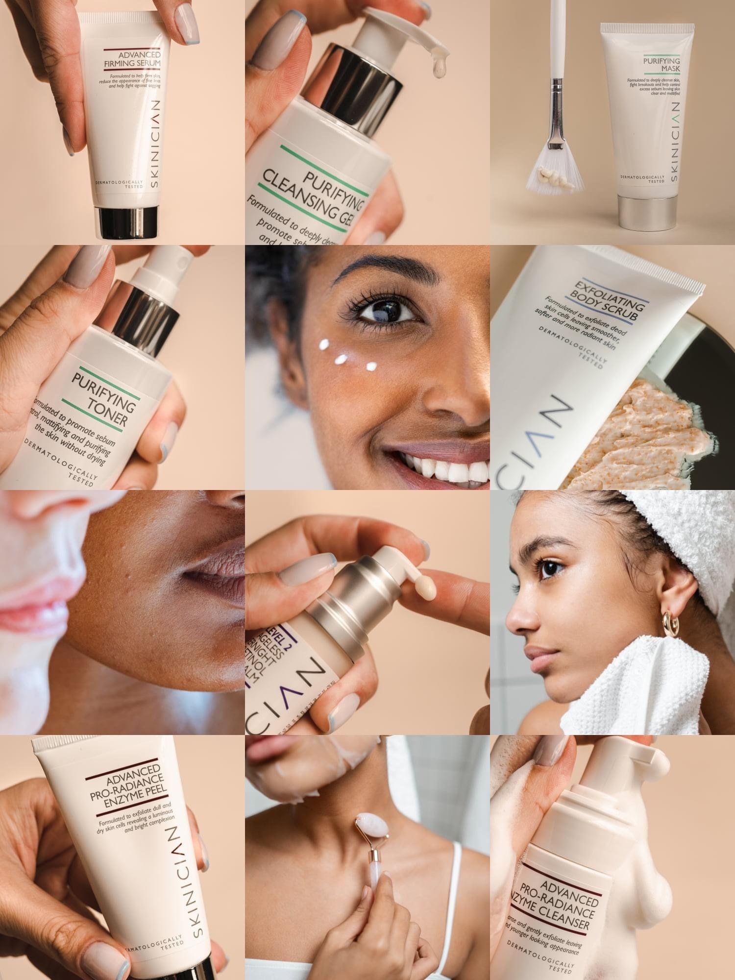 Collage: Skincare products, application on diverse skin, close-ups, facial tools, neutral background.