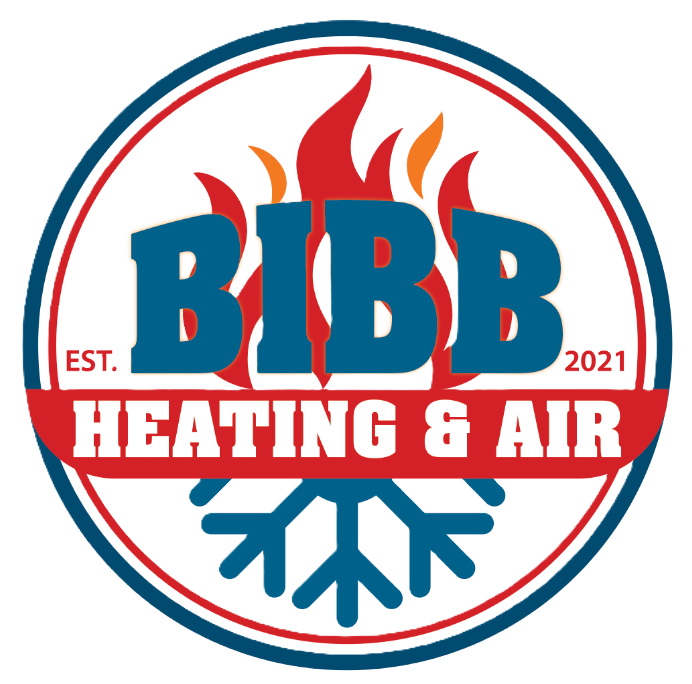 BIBB Heating & Air logo in blue and red with flames and a snowflake, EST. 2021