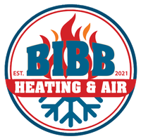 BIBB Heating & Air logo in blue and red with flames and a snowflake, EST. 2021