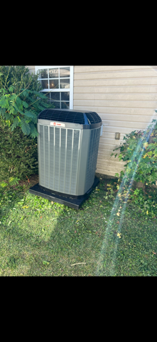 Outdoor air conditioner unit beside house wall and window, partly surrounded by bushes and grass.