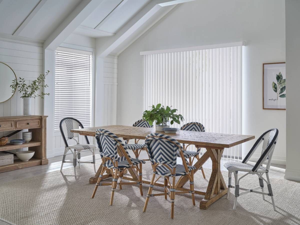 Hunter Douglas Skyline® Panel-Track Blinds in a kitchen near Houston, TX