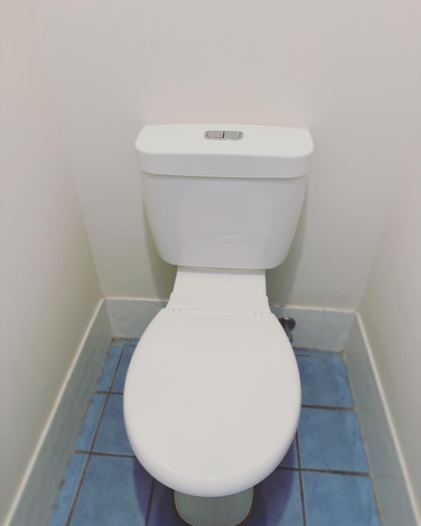 A White, Two-Piece Toilet with A Dual-Flush Button in A Small Alcove with Light Blue Square Floor Tiles — Port Macquarie Plumbing In Port Macquarie, NSW