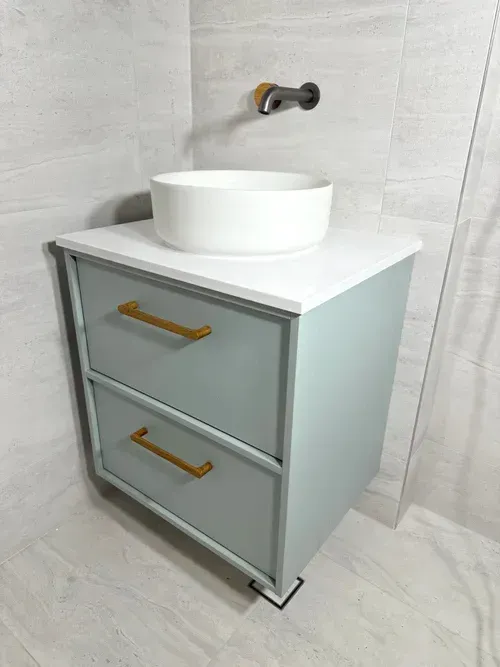 Light Blue Bathroom Vanity With Two Drawers — Port Macquarie Plumbing In Port Macquarie, NSW