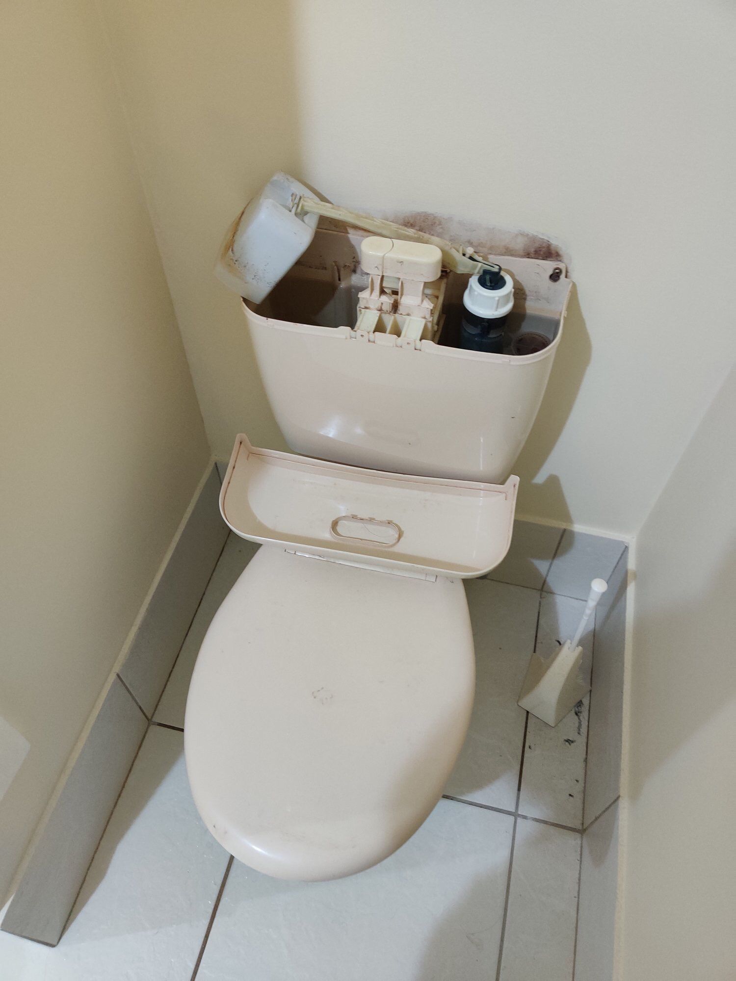 Damaged Toilet with Broken Tank Lid and Exposed Inner Parts in A Small Bathroom — Port Macquarie Plumbing In Port Macquarie, NSW