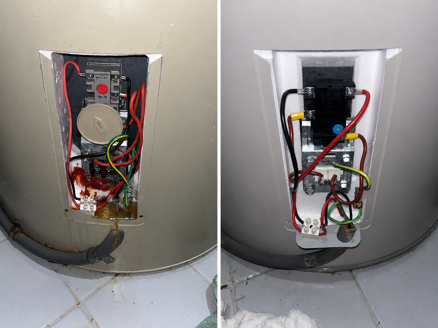 Two Views of An Electrical Control Panel Exposed Inside a Beige Cylindrical Tank — Port Macquarie Plumbing In Laurieton, NSW