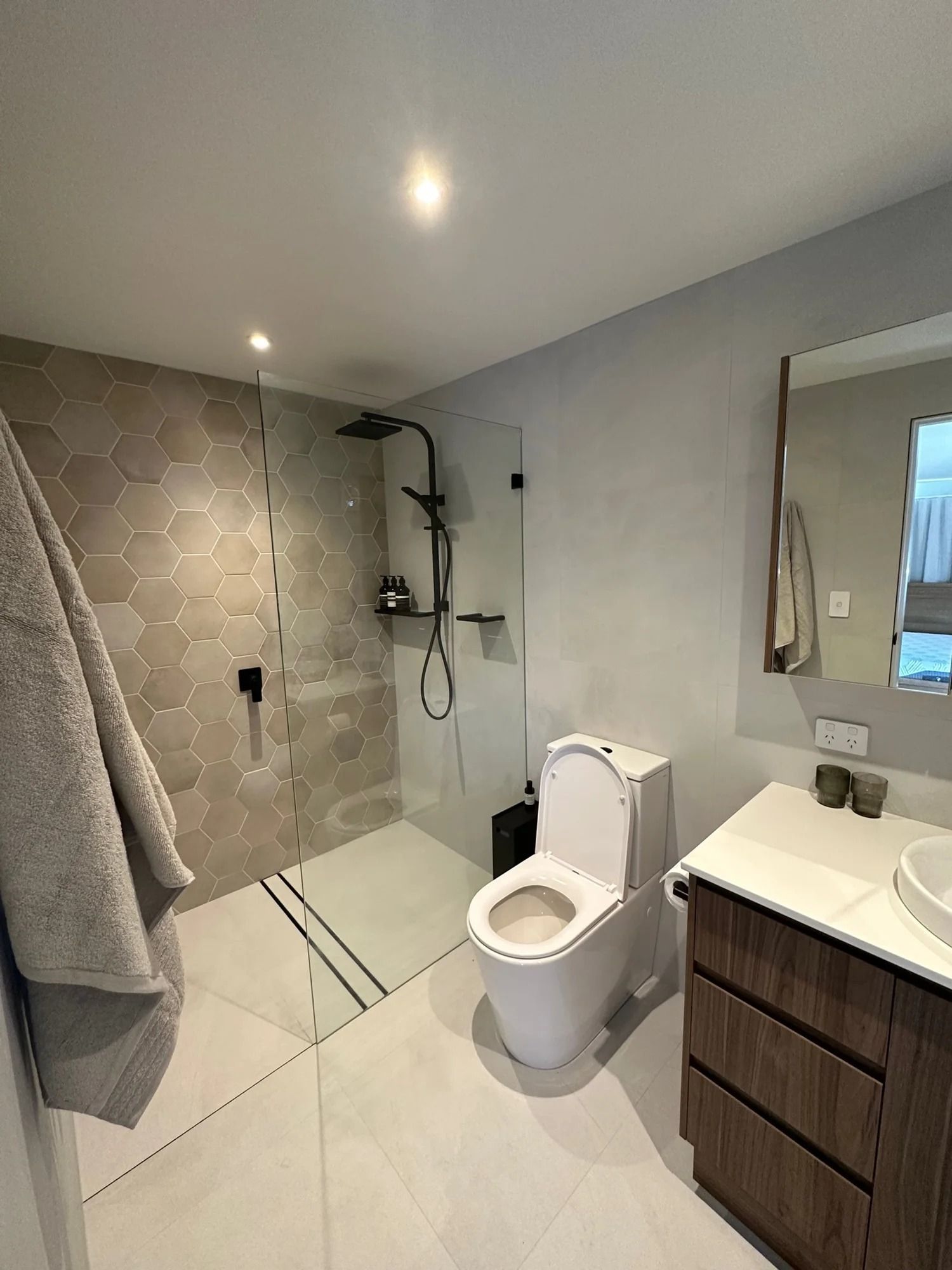 Modern Bathroom With Light Grey Walls — Port Macquarie Plumbing In Port Macquarie, NSW