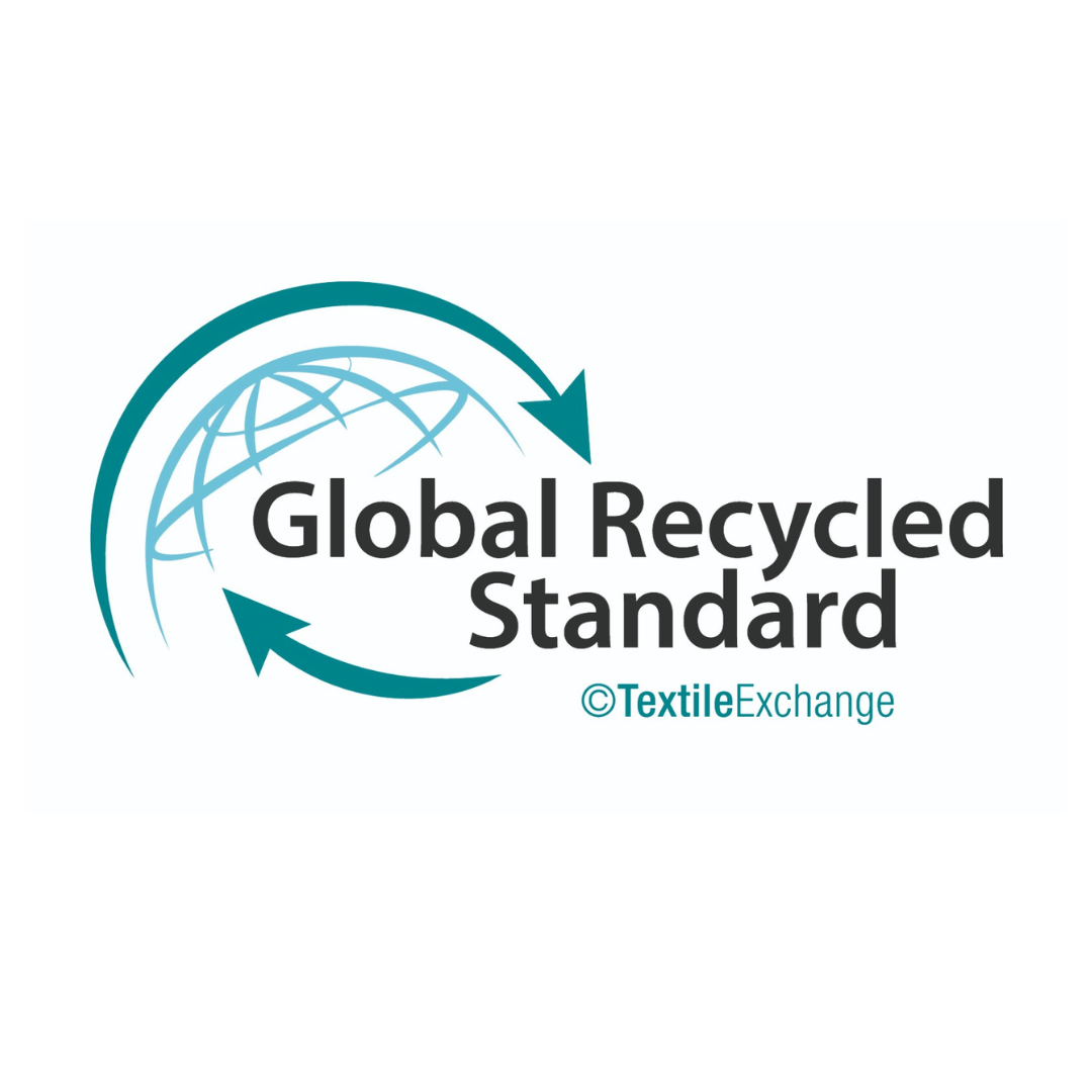 The global recycled standard logo has a globe and two arrows.